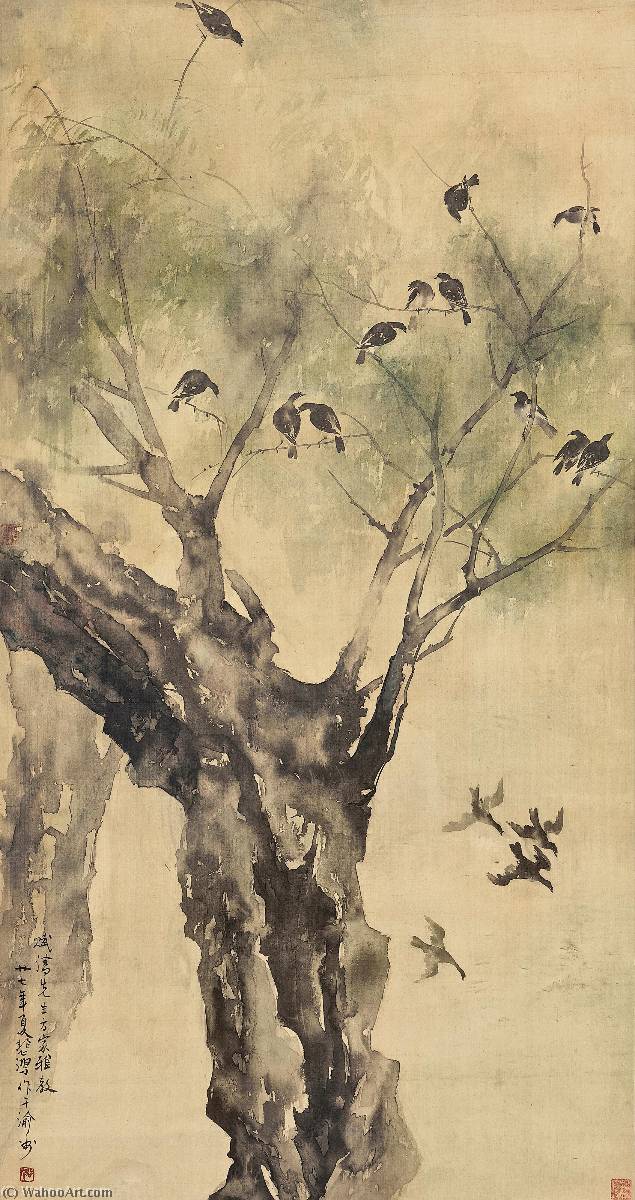 WikiOO.org – 美術百科全書 - 繪畫，作品 Xu Beihong - 鸟 休息  对  一个  柳树