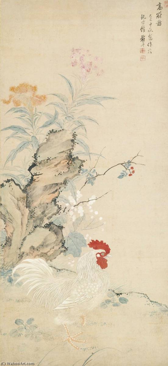 WikiOO.org - Güzel Sanatlar Ansiklopedisi - Resim, Resimler Yun Shouping - FLOWERS AND HEN