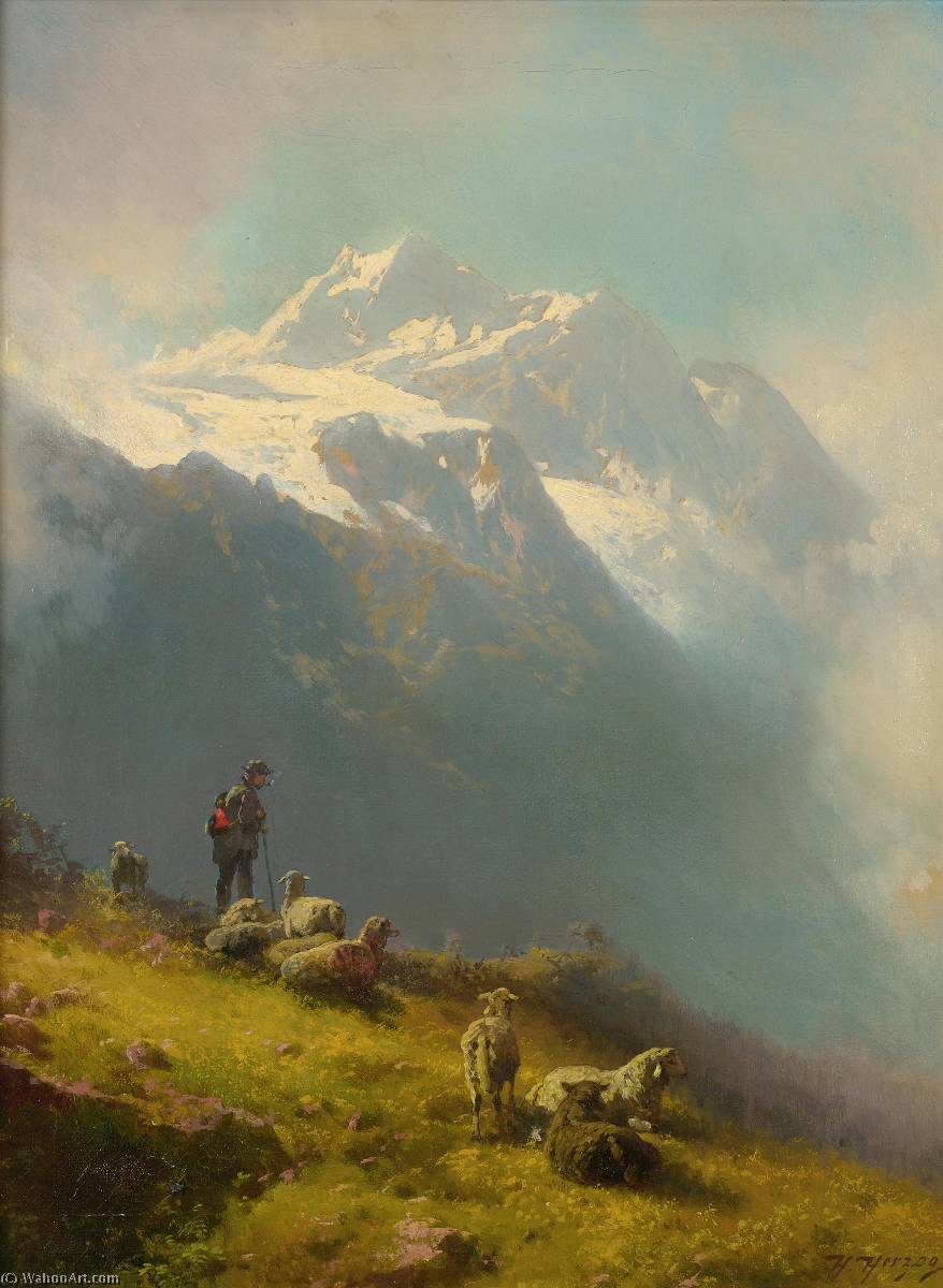 WikiOO.org – 美術百科全書 - 繪畫，作品 Hermann Herzog - 一个牧羊人和他的羊群