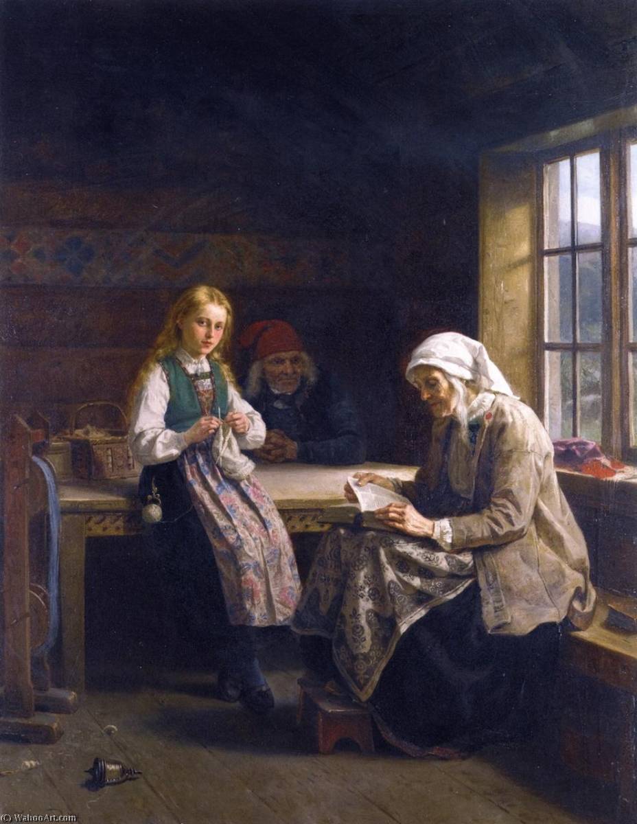 Wikioo.org - The Encyclopedia of Fine Arts - Painting, Artwork by Adolph Tidemand - A Hardanger Interior, Young Girl Knitting