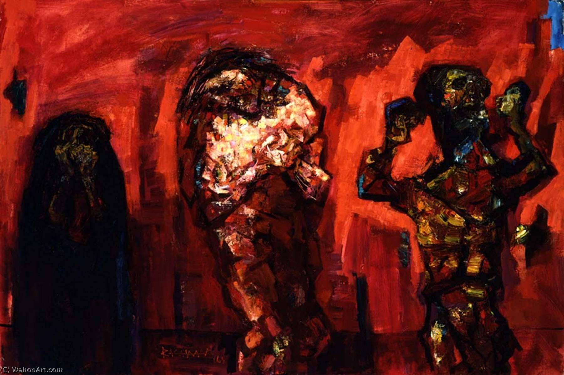 WikiOO.org - Encyclopedia of Fine Arts - Lukisan, Artwork Abraham Rattner - Homage á Goya No. 2 (Composition in Red with Three Figures)