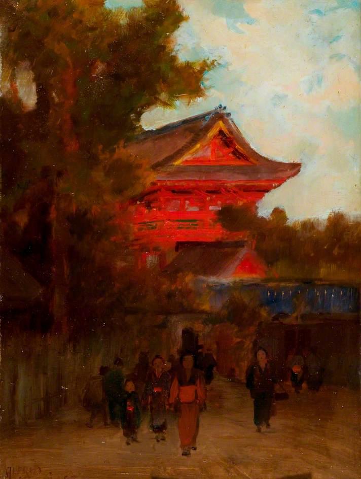 Wikioo.org - The Encyclopedia of Fine Arts - Painting, Artwork by Alfred East - Japanese Scene with a Red Building