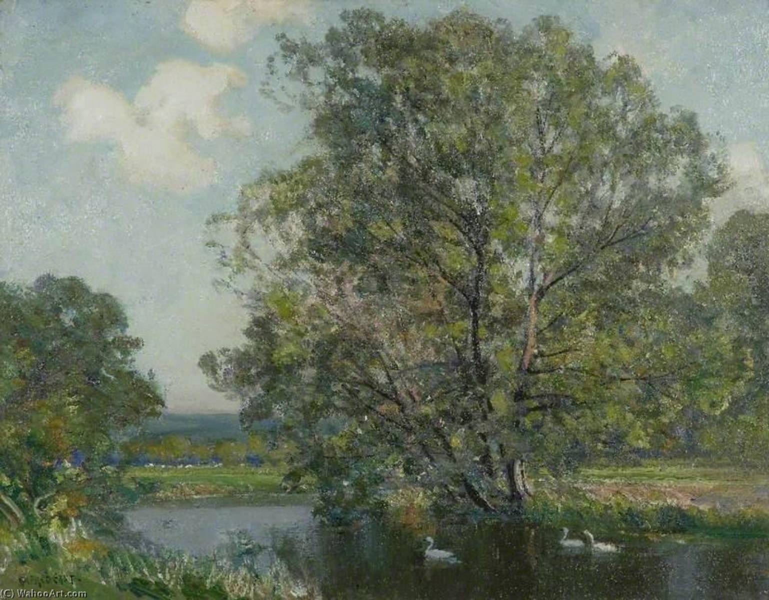 Wikioo.org - The Encyclopedia of Fine Arts - Painting, Artwork by Alfred East - Landscape with River and Swans