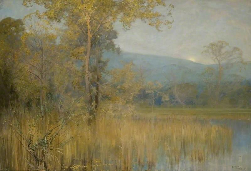 Wikioo.org - The Encyclopedia of Fine Arts - Painting, Artwork by Alfred East - A Misty Moonrise