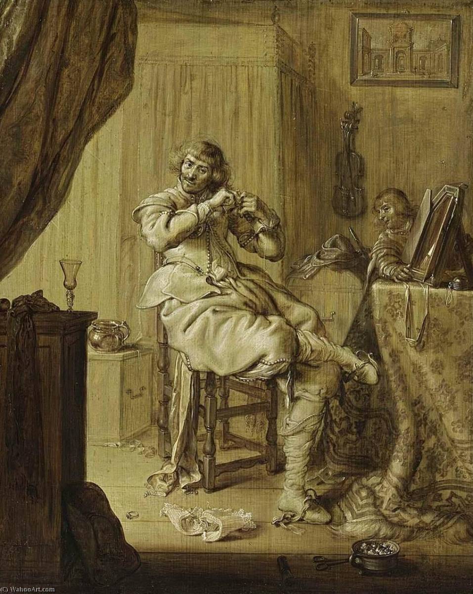 WikiOO.org - Encyclopedia of Fine Arts - Schilderen, Artwork Adriaen Pietersz Van De Venne - A Cavalier at His Dressing Table