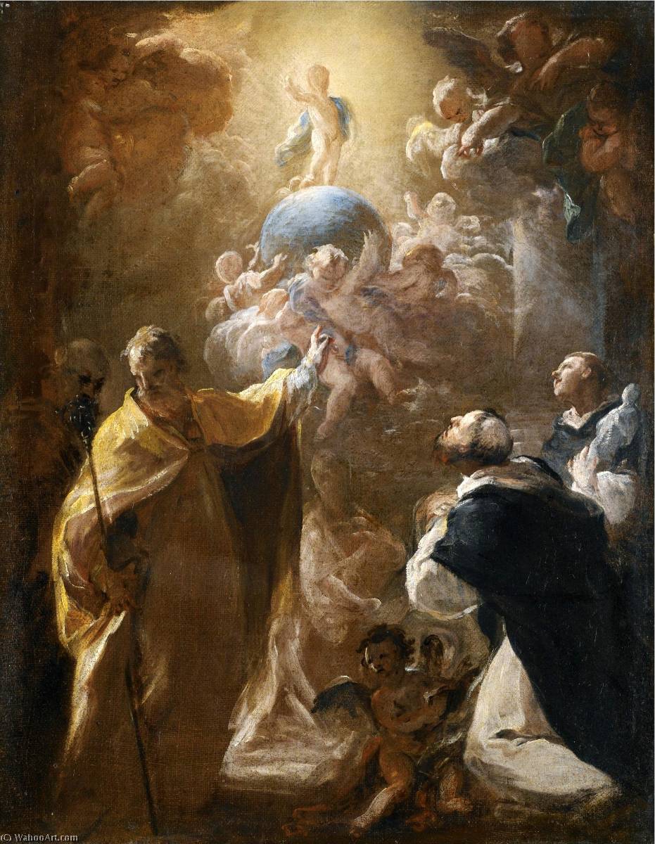Wikioo.org - The Encyclopedia of Fine Arts - Painting, Artwork by Bottega Di Corrado Giaquinto - The Infant Christ in Glory with Saints Dominic and Nicholas (bozzetto)