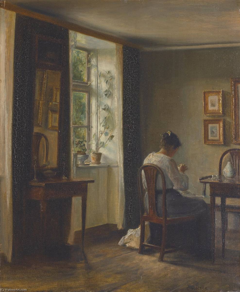Wikioo.org - The Encyclopedia of Fine Arts - Painting, Artwork by Carl Holsøe - Seamstress sewing in an interior