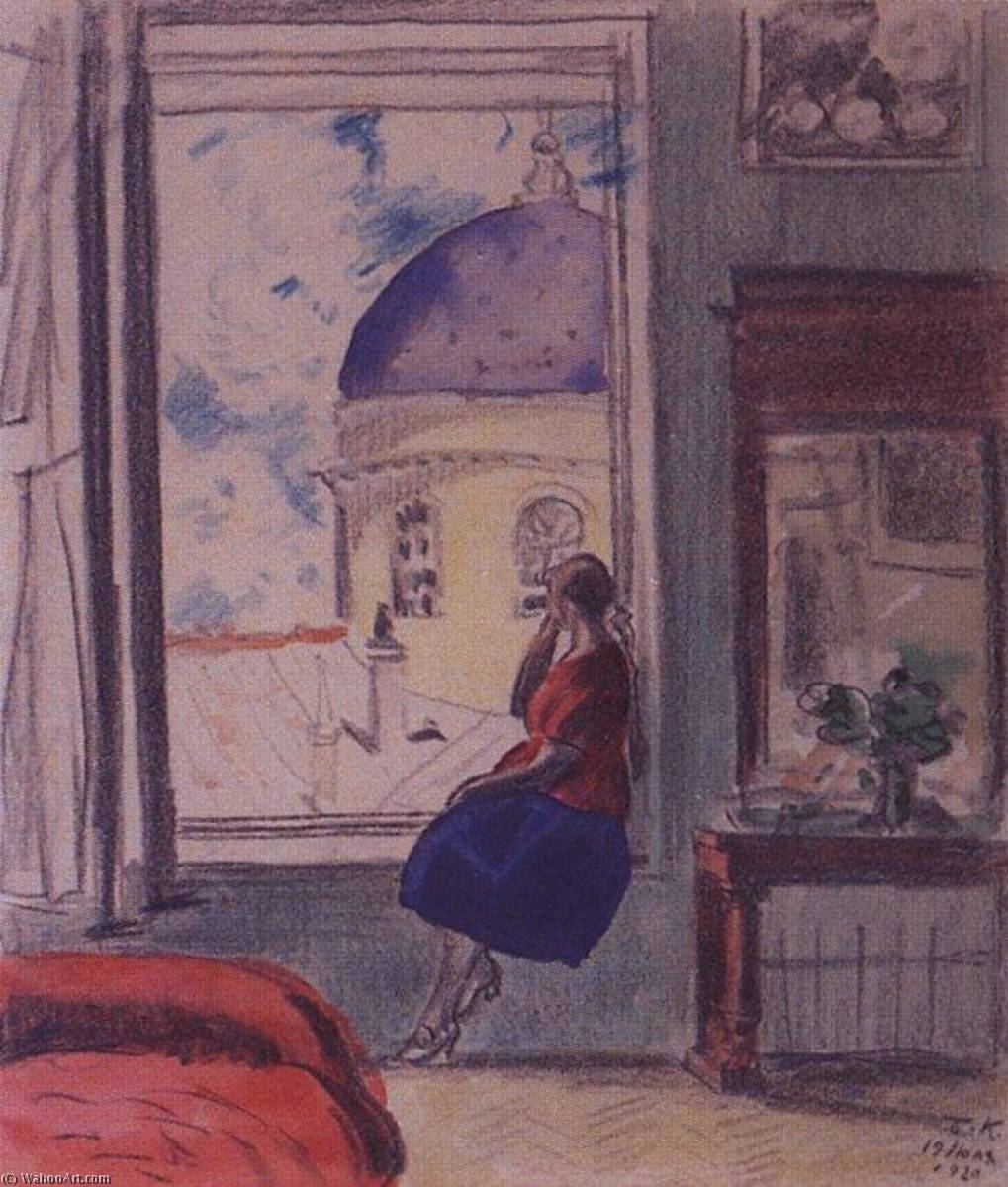 WikiOO.org – 美術百科全書 - 繪畫，作品 Boris Mikhaylovich Kustodiev - 室内与 一个  女性  数字  在  的  窗口