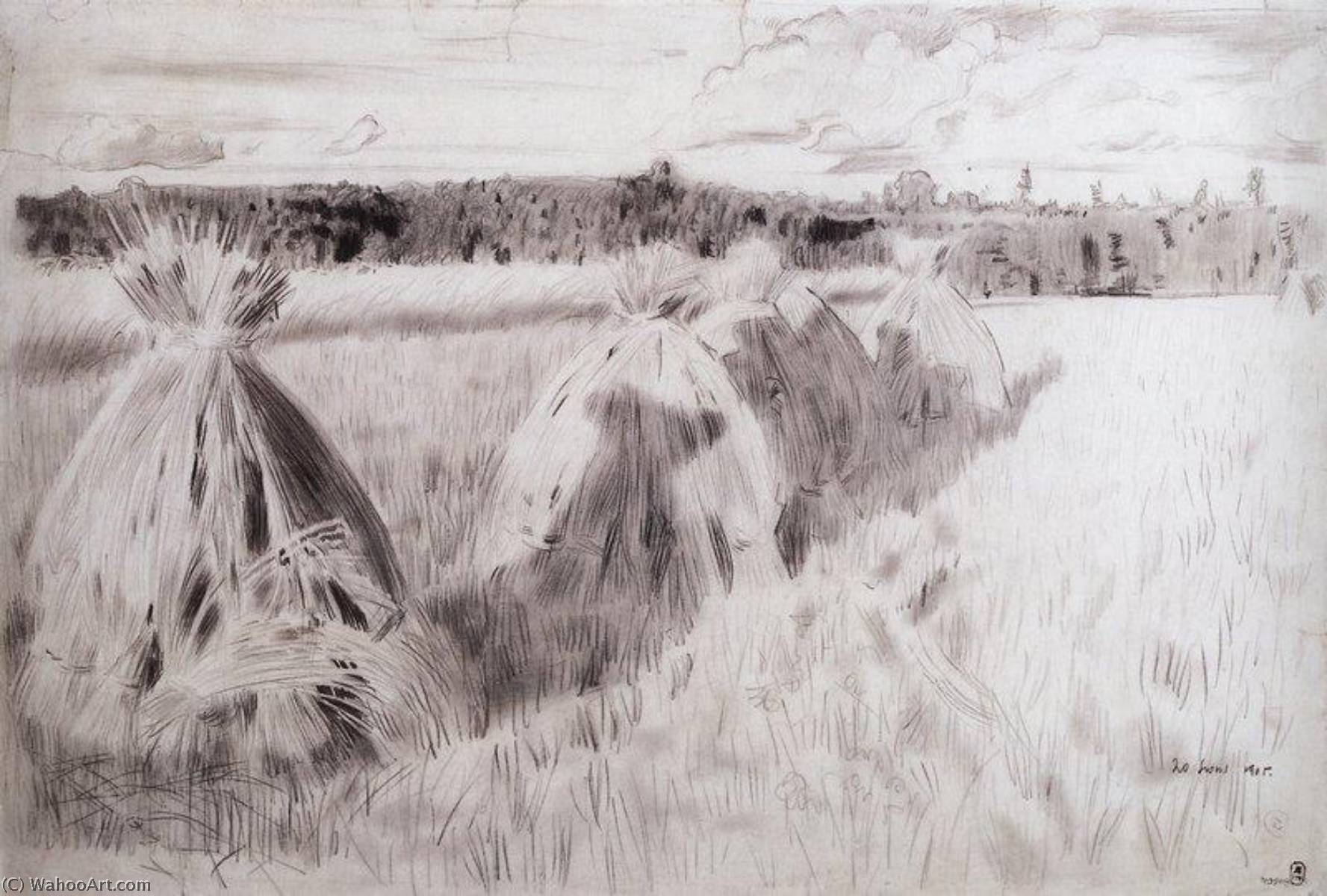 WikiOO.org - Encyclopedia of Fine Arts - Målning, konstverk Boris Mikhaylovich Kustodiev - A Field with Haystacks