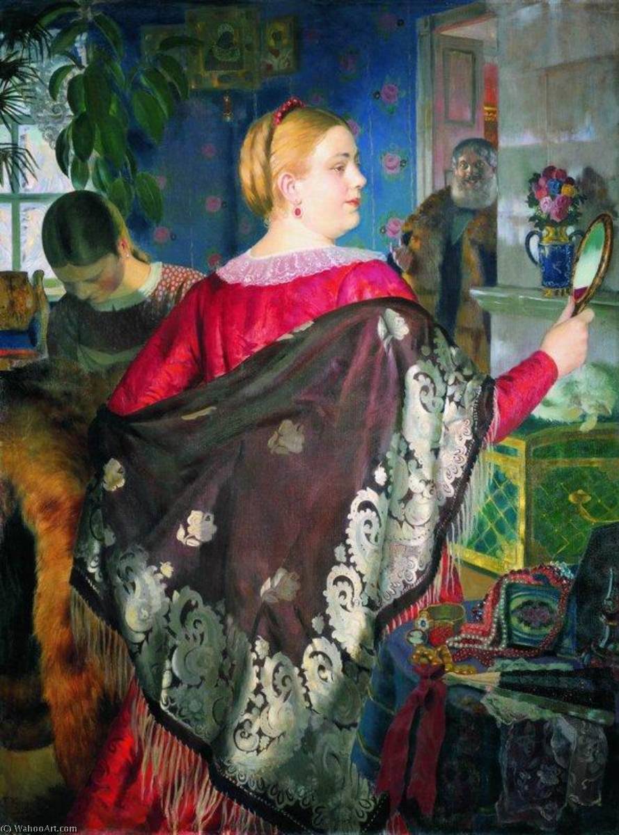 Wikioo.org - The Encyclopedia of Fine Arts - Painting, Artwork by Boris Mikhaylovich Kustodiev - The Merchant's Wife with a Mirror