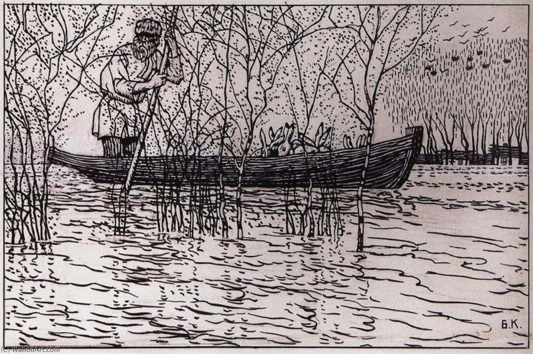 Wikioo.org - The Encyclopedia of Fine Arts - Painting, Artwork by Boris Mikhaylovich Kustodiev - An Illustration for Nikolai Nekrasov's Poem Grandpa Mazai and Hares