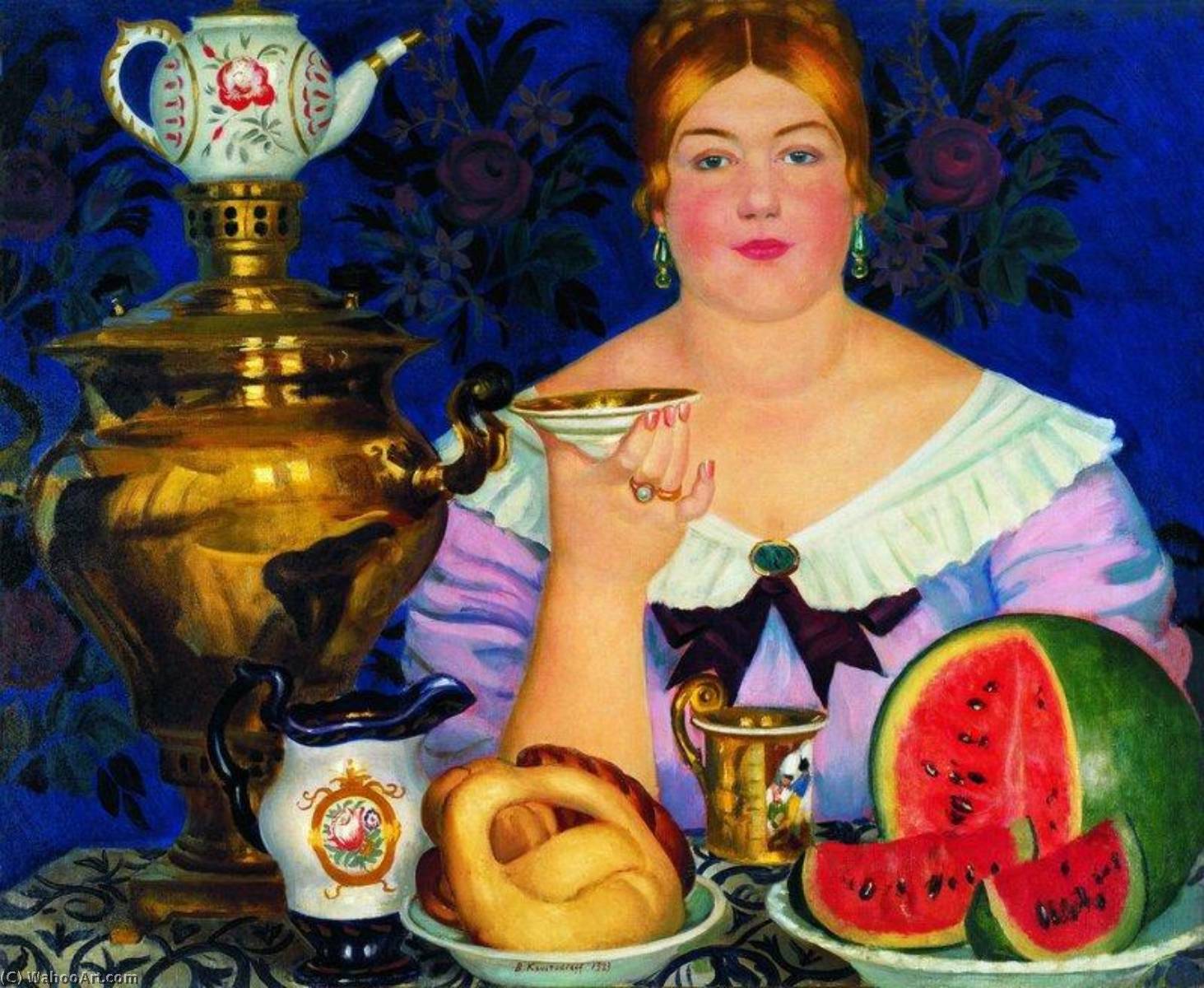 Wikioo.org – La Enciclopedia de las Bellas Artes - Pintura, Obras de arte de Boris Mikhaylovich Kustodiev - esposa del comerciante teniendo  té