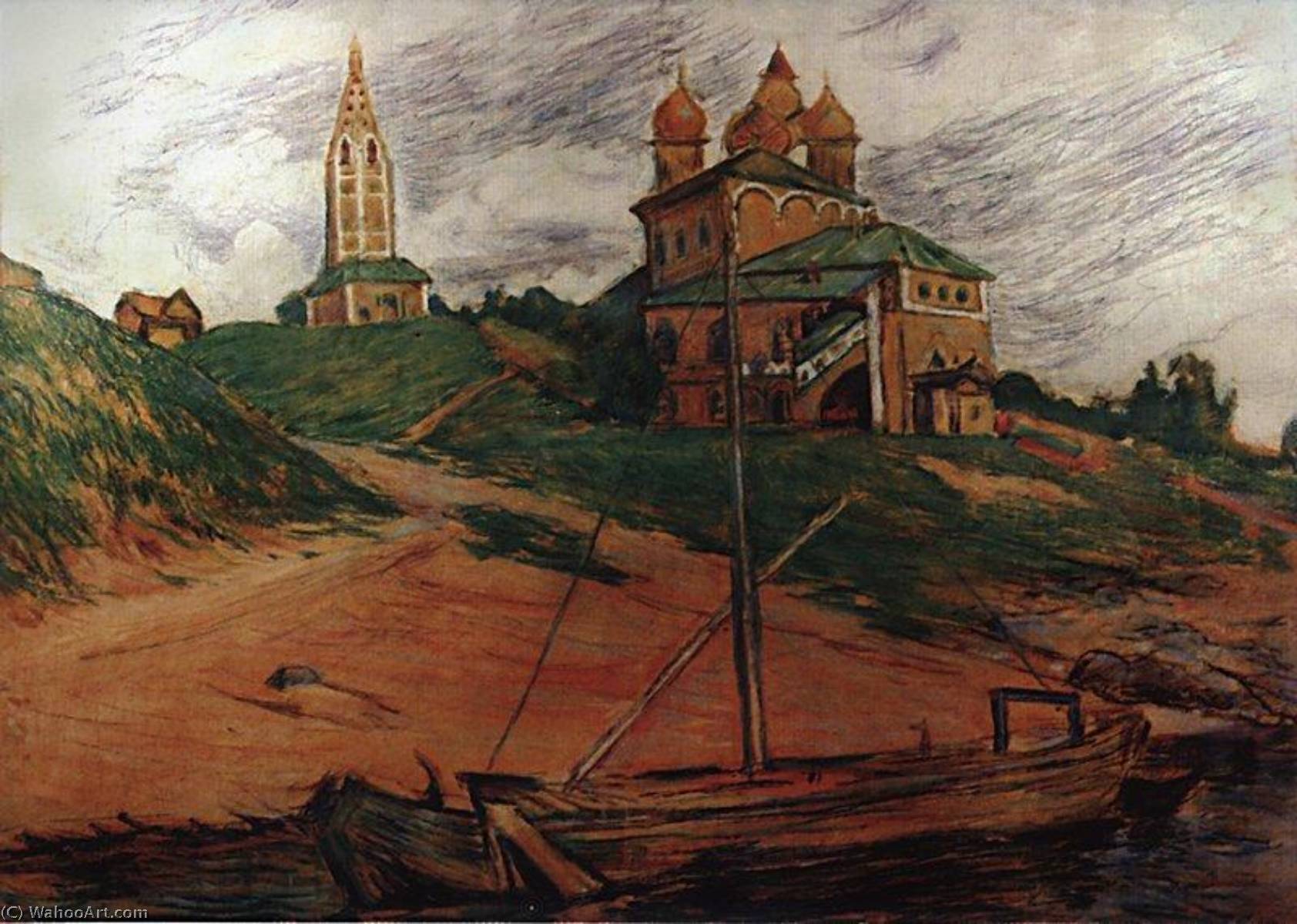 WikiOO.org - Encyclopedia of Fine Arts - Maalaus, taideteos Boris Mikhaylovich Kustodiev - Landscape with a Church. Romanov Borisoglebsk