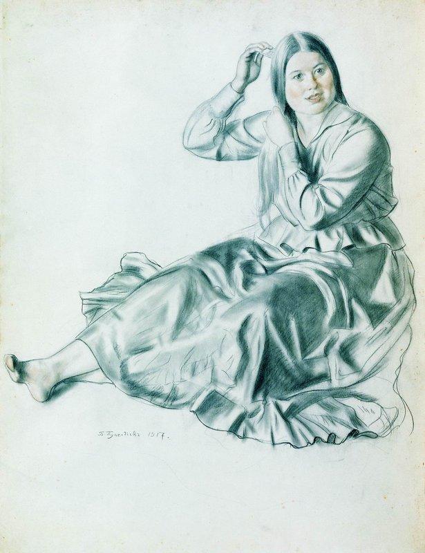 WikiOO.org - אנציקלופדיה לאמנויות יפות - ציור, יצירות אמנות Boris Mikhaylovich Kustodiev - Girl Combing Her Hair
