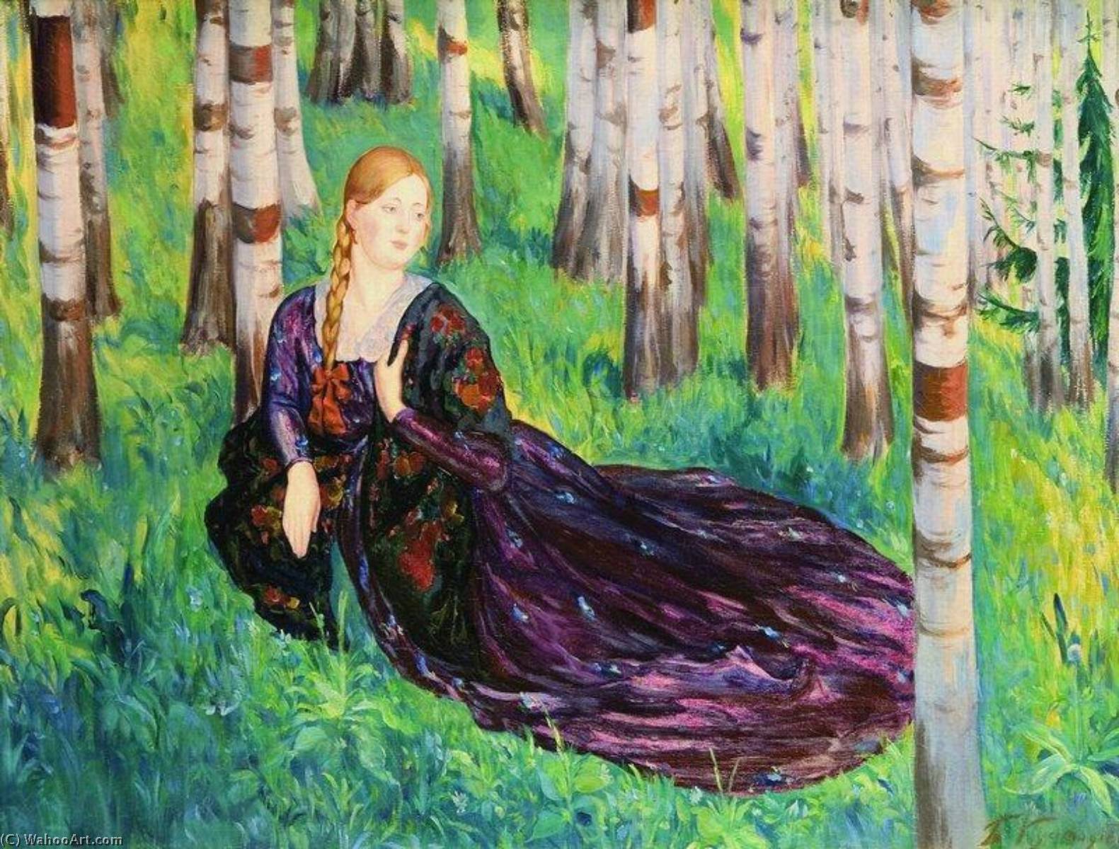 Wikioo.org – L'Encyclopédie des Beaux Arts - Peinture, Oeuvre de Boris Mikhaylovich Kustodiev - dans le Bouleau  forêt