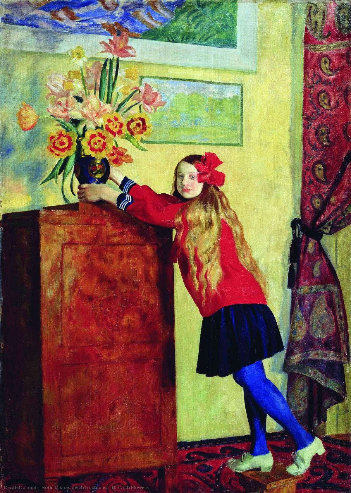 Wikioo.org - The Encyclopedia of Fine Arts - Painting, Artwork by Boris Mikhaylovich Kustodiev - Girl with Flowers