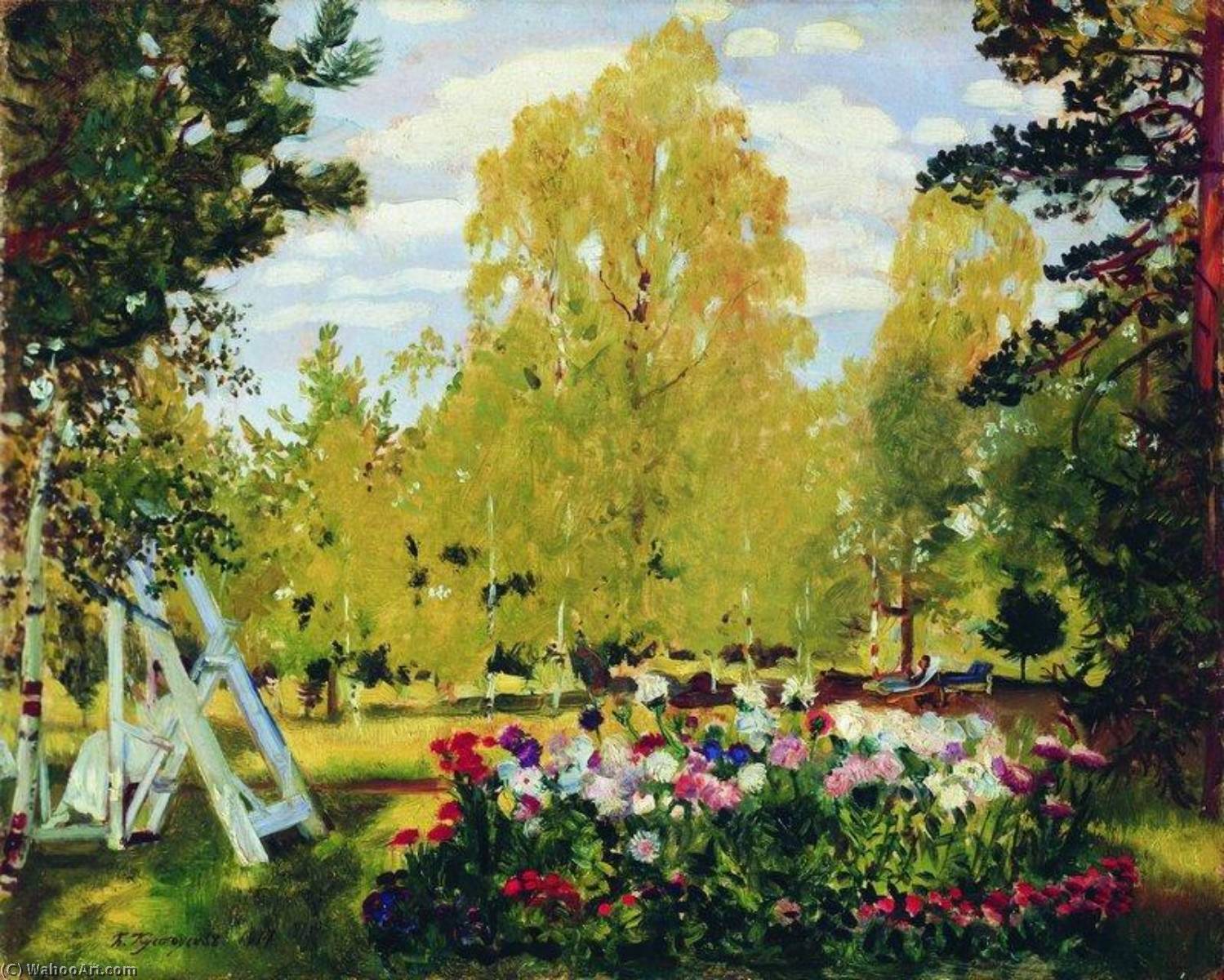 WikiOO.org - Encyclopedia of Fine Arts - Maleri, Artwork Boris Mikhaylovich Kustodiev - Landscape with a Flower Bed