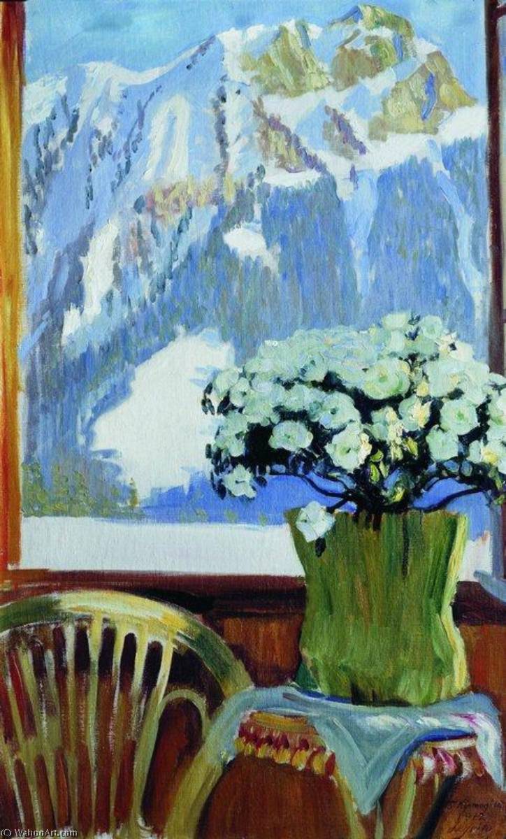 Wikioo.org - The Encyclopedia of Fine Arts - Painting, Artwork by Boris Mikhaylovich Kustodiev - Flowers on the Balcony