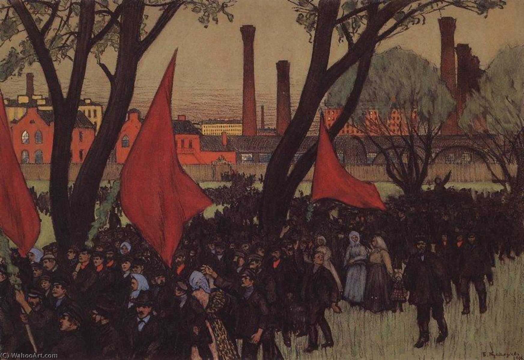 WikiOO.org - Encyclopedia of Fine Arts - Maalaus, taideteos Boris Mikhaylovich Kustodiev - A May 1 Rally by the Putilov Factory