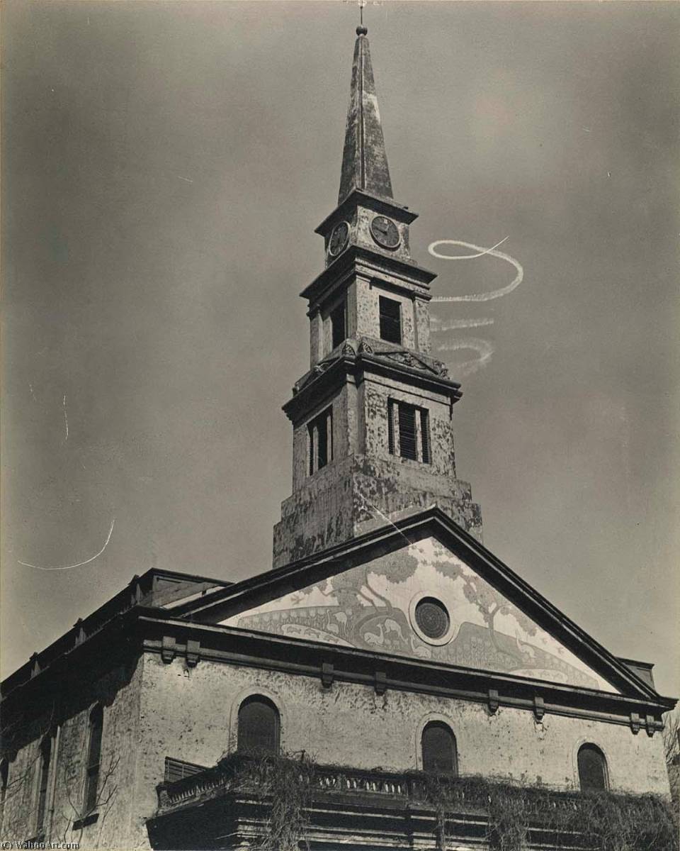 WikiOO.org - Encyclopedia of Fine Arts - Lukisan, Artwork Berenice Abbott - St. Mark's Church, with Skywriting Spiral, East 10th Street at 2nd Avenue