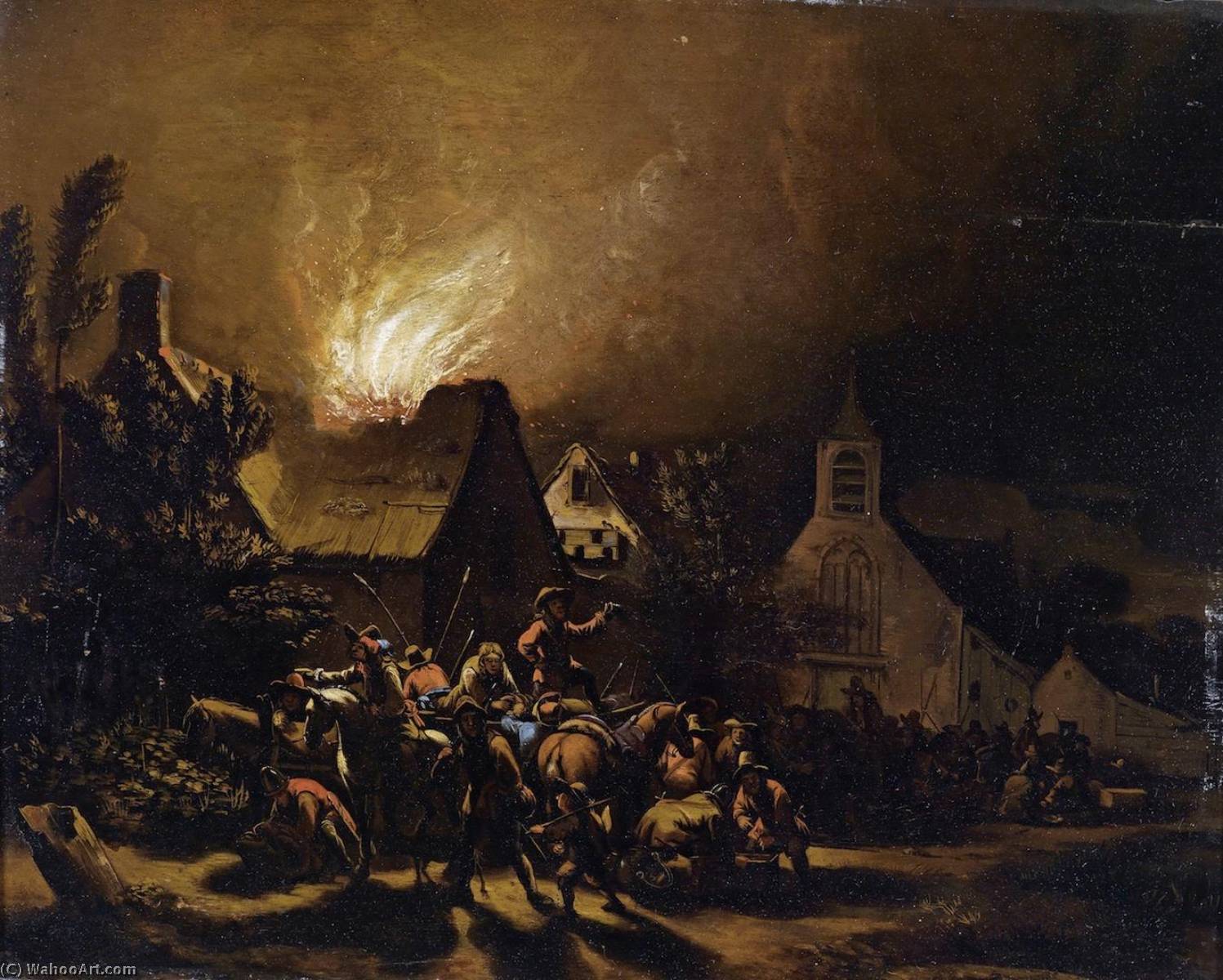 Wikioo.org – L'Encyclopédie des Beaux Arts - Peinture, Oeuvre de Egbert Lievensz Van Der Poel - Maraudeurs dans  frontale  de  une  brûlant  localité