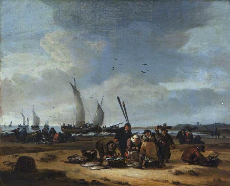 Wikioo.org - The Encyclopedia of Fine Arts - Painting, Artwork by Egbert Lievensz Van Der Poel - Fishermen Selling Their Catch on the Beach