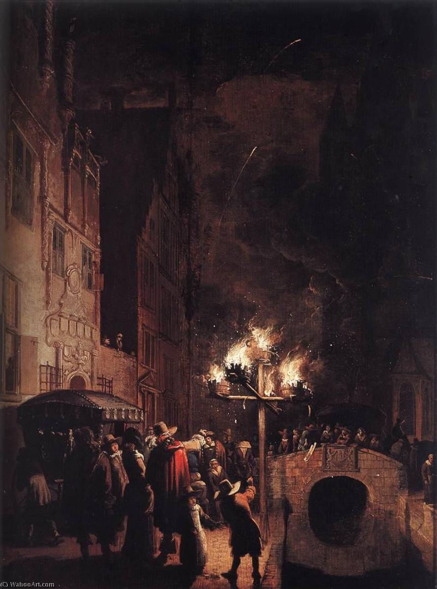 WikiOO.org - Encyclopedia of Fine Arts - Maľba, Artwork Egbert Lievensz Van Der Poel - Celebration by Torchlight on the Oude Delft