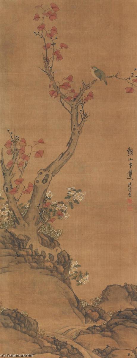 WikiOO.org - Encyclopedia of Fine Arts - Lukisan, Artwork Chen Hongshou - ORIOLE AND DAISIES