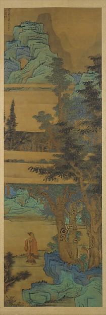 WikiOO.org - Encyclopedia of Fine Arts - Lukisan, Artwork Chen Hongshou - 明 清 傳陳洪綬 青綠山水圖 軸 Landscape in the Blue and Green Manner