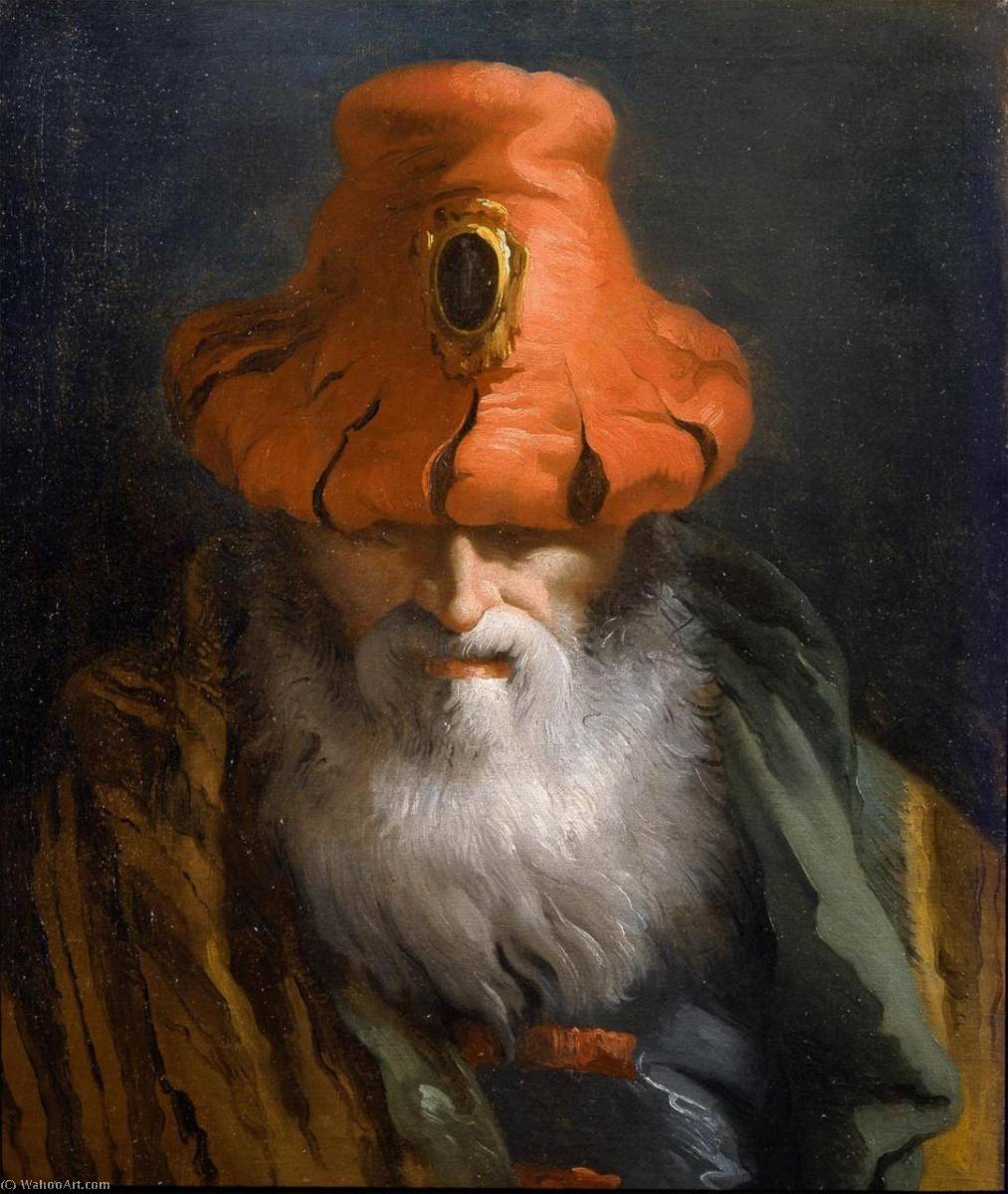 Wikioo.org – La Enciclopedia de las Bellas Artes - Pintura, Obras de arte de Giandomenico Tiepolo - jefe de Filósofo  enestado  Un  rojo  sombrero