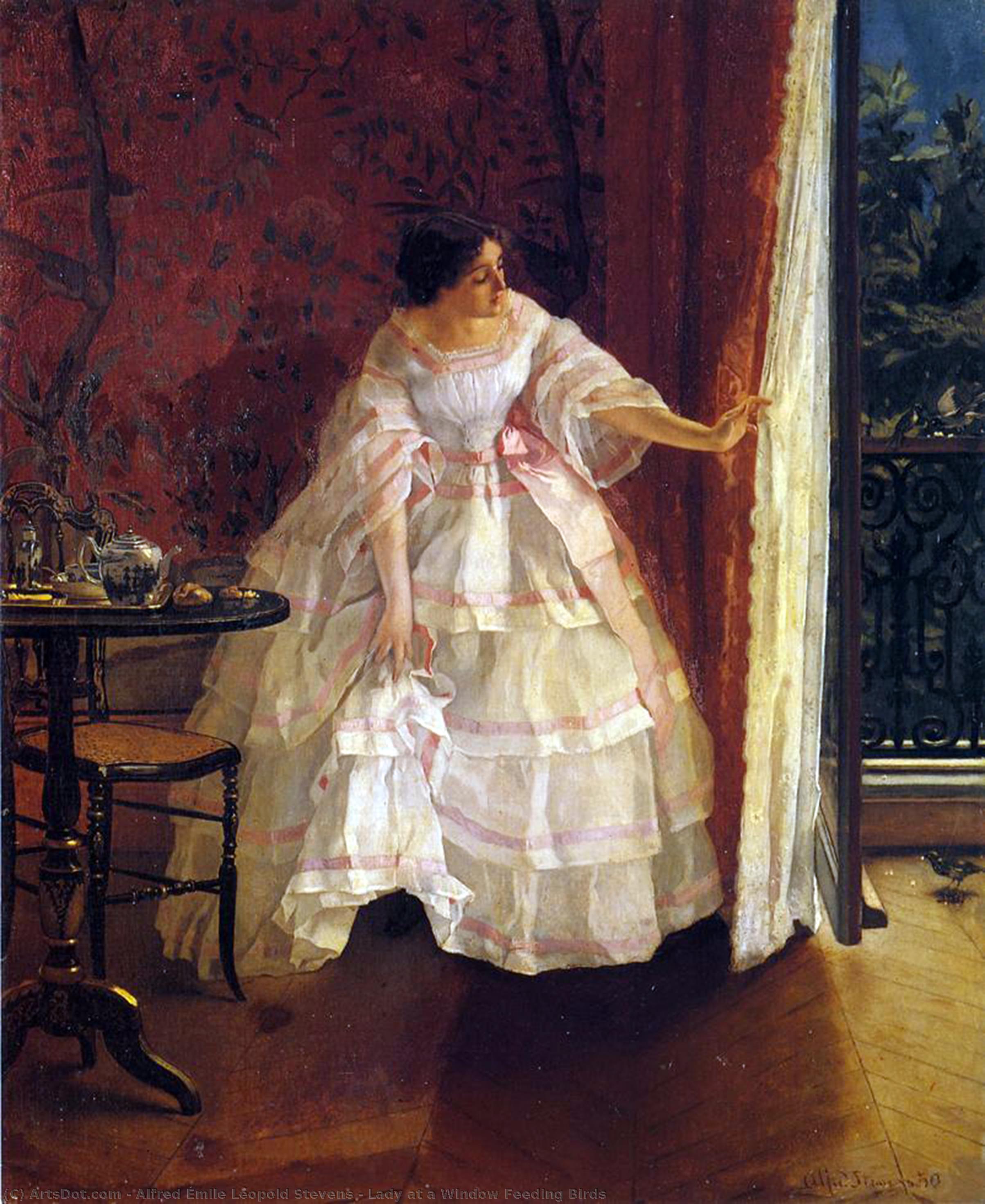 Wikioo.org - The Encyclopedia of Fine Arts - Painting, Artwork by Alfred Émile Léopold Stevens - Lady at a Window Feeding Birds