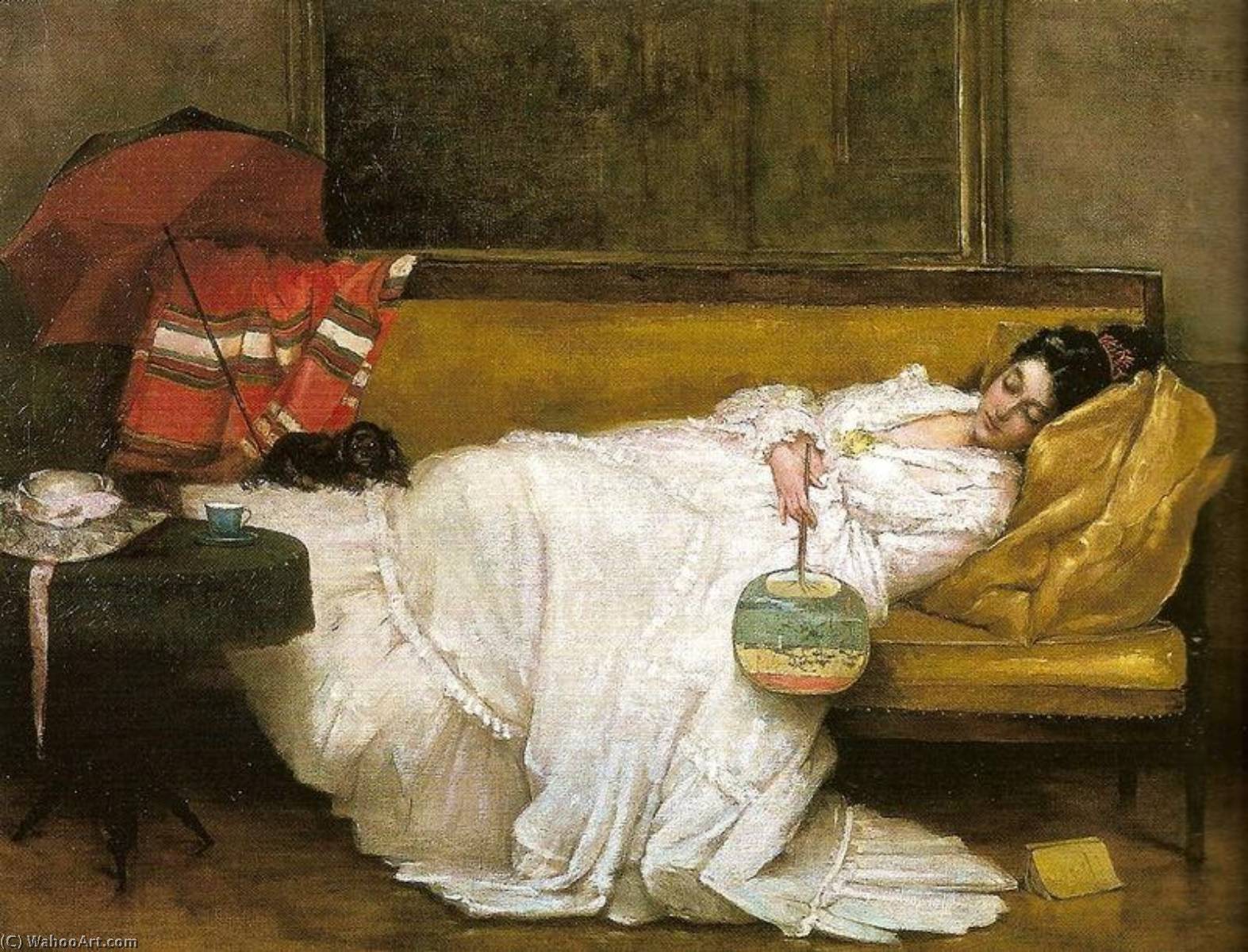 Wikioo.org - The Encyclopedia of Fine Arts - Painting, Artwork by Alfred Émile Léopold Stevens - Girl in a white dress resting on a sofa