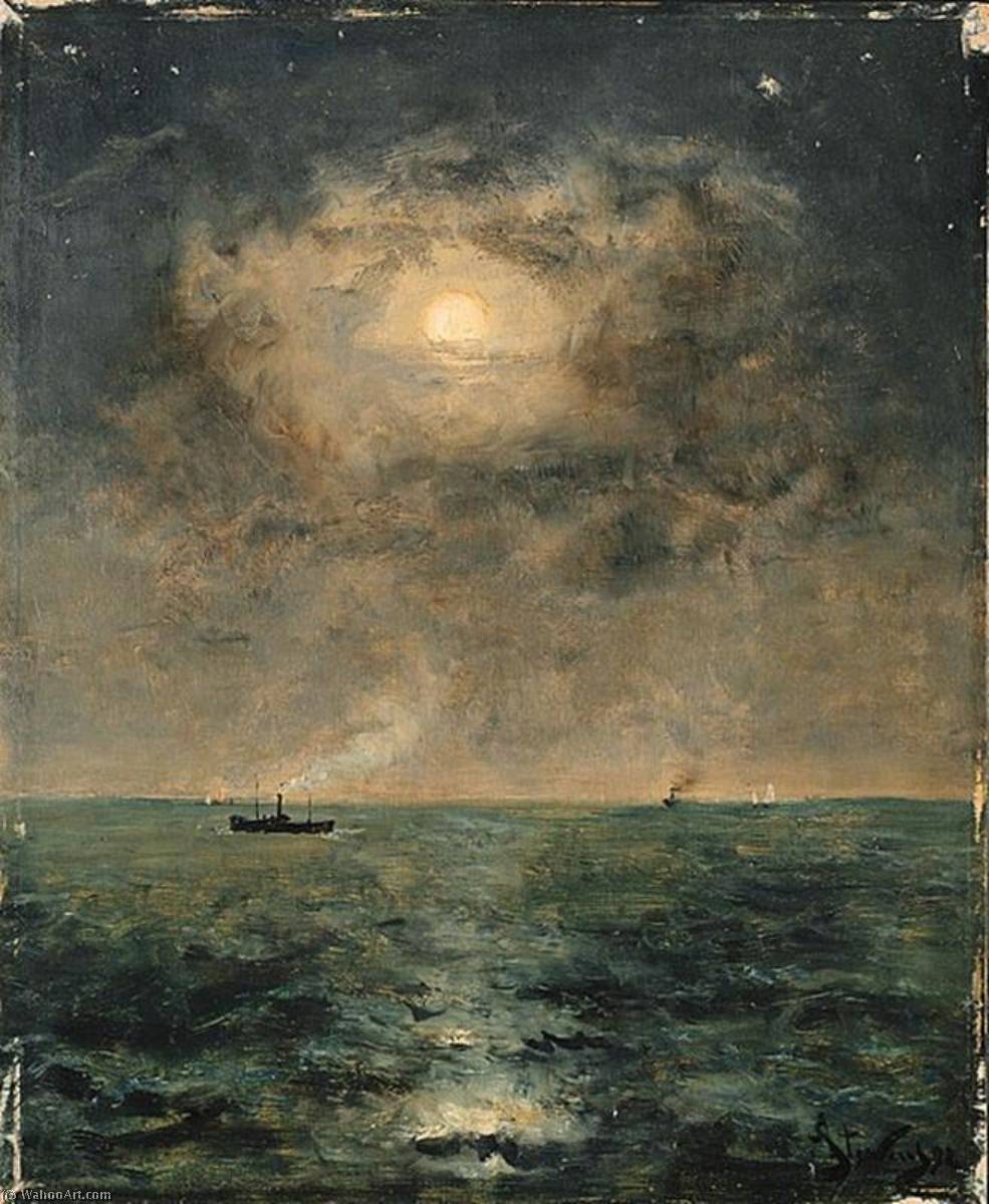 Wikioo.org - The Encyclopedia of Fine Arts - Painting, Artwork by Alfred Émile Léopold Stevens - Moonlit seascape
