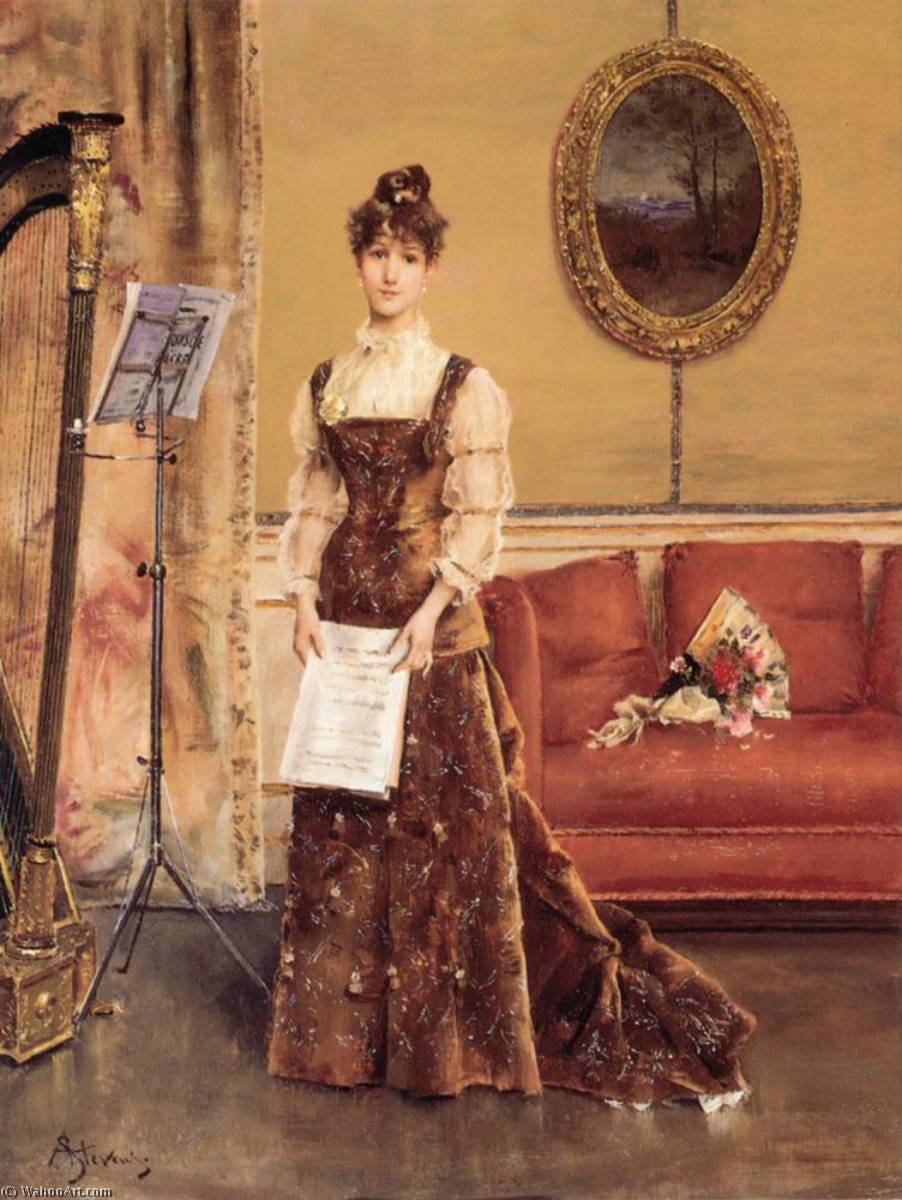 Wikioo.org - The Encyclopedia of Fine Arts - Painting, Artwork by Alfred Émile Léopold Stevens - Lady with a Harp