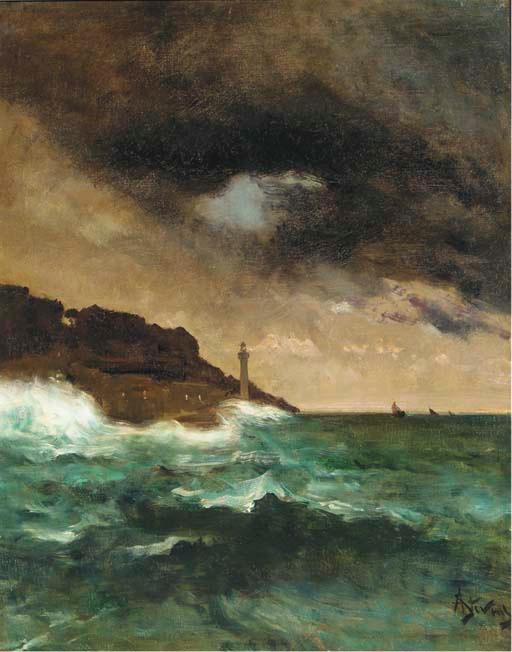 WikiOO.org - Encyclopedia of Fine Arts - Schilderen, Artwork Alfred Émile Léopold Stevens - Lighthouse at dusk