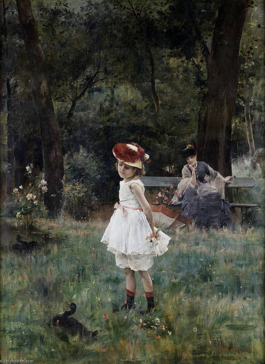 WikiOO.org – 美術百科全書 - 繪畫，作品 Alfred Émile Léopold Stevens - 女孩与一个 鸭