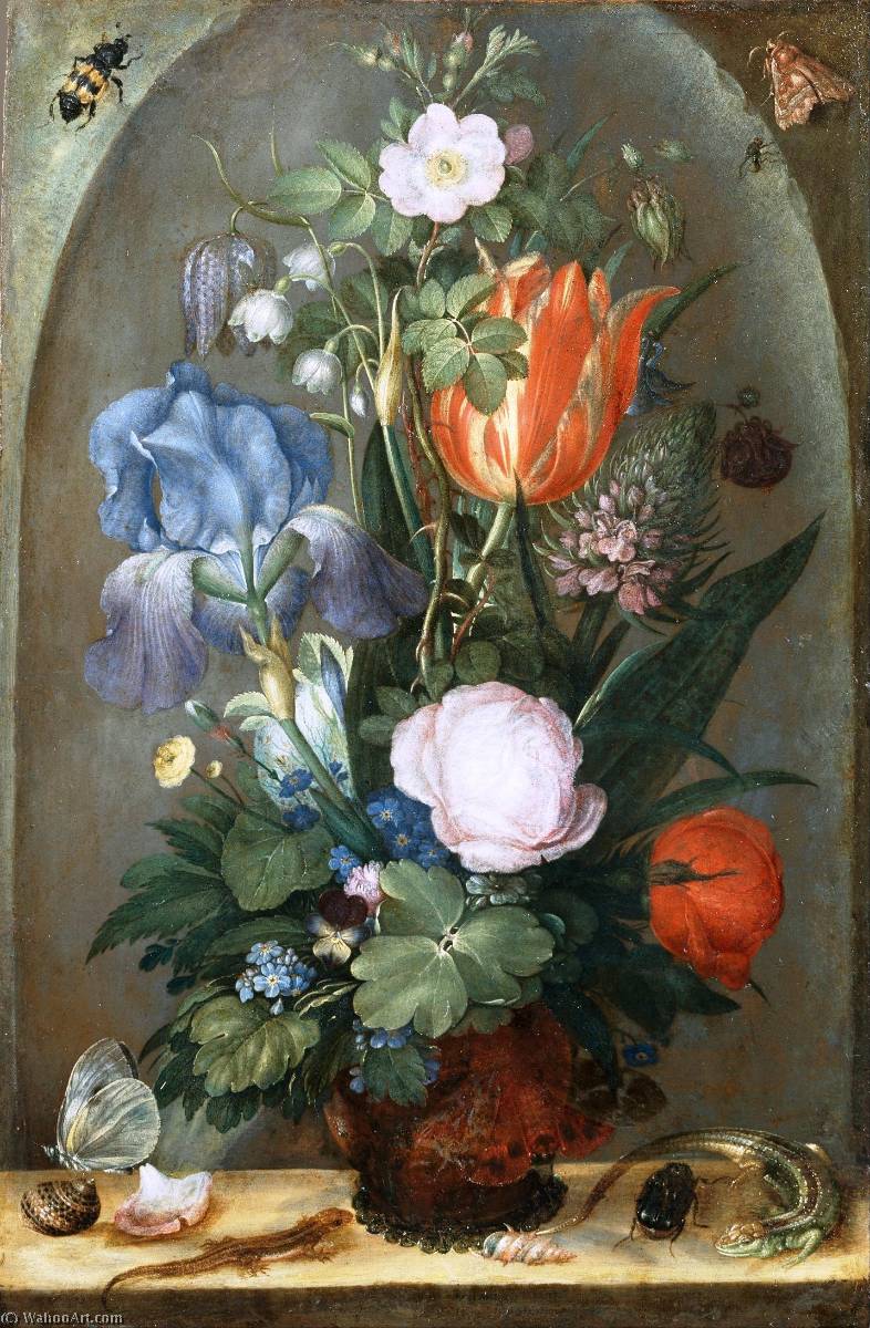 WikiOO.org - Encyclopedia of Fine Arts - Maľba, Artwork Roelant Savery - Flower Still Life with Two Lizards