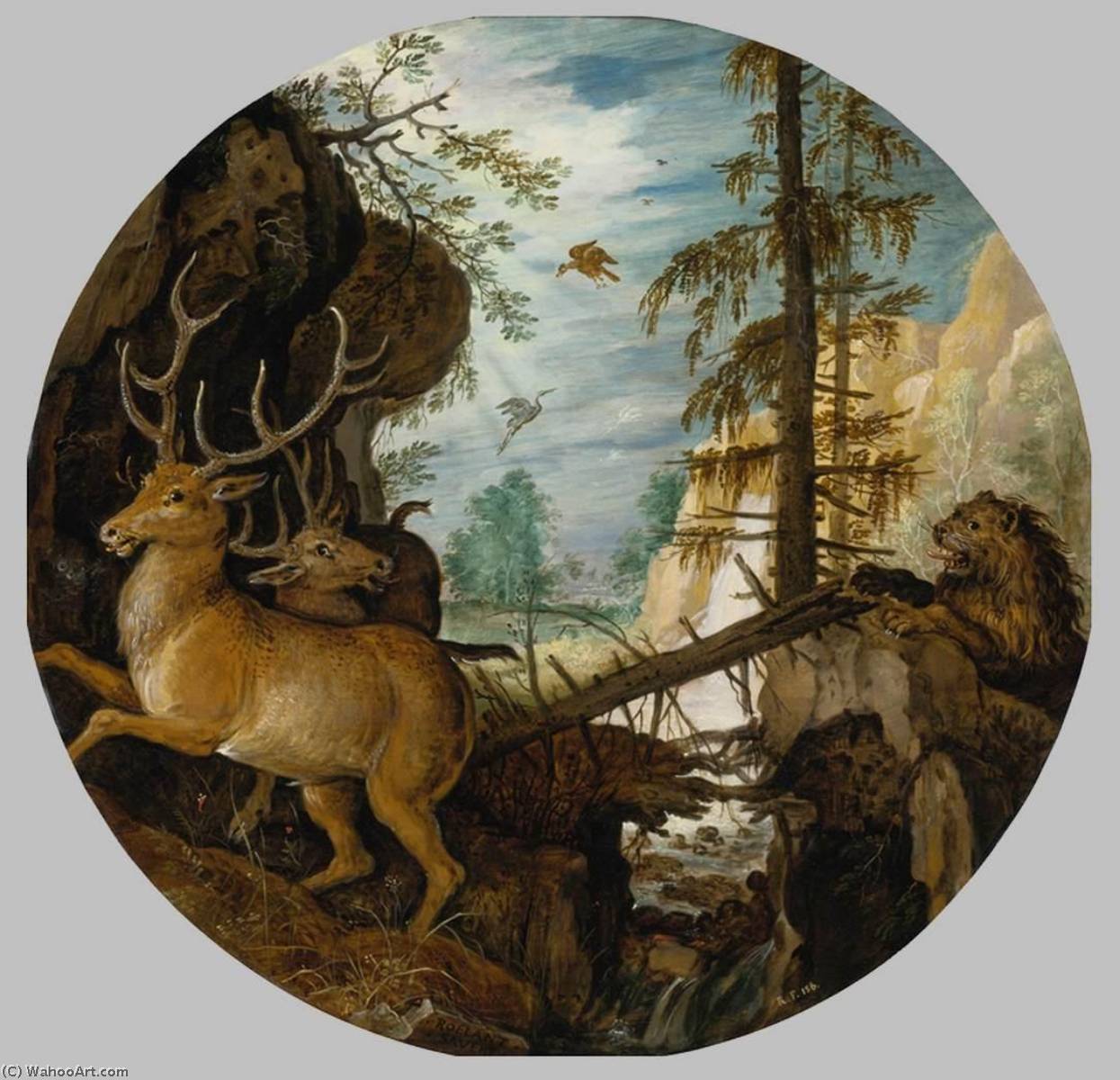Wikioo.org - The Encyclopedia of Fine Arts - Painting, Artwork by Roelant Savery - A Lion Hunting Two Deer