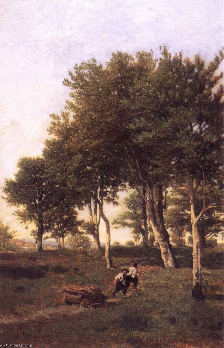 Wikioo.org - The Encyclopedia of Fine Arts - Painting, Artwork by Henri-Joseph Harpignies - Landscape with Two Boys Carrying Firewood