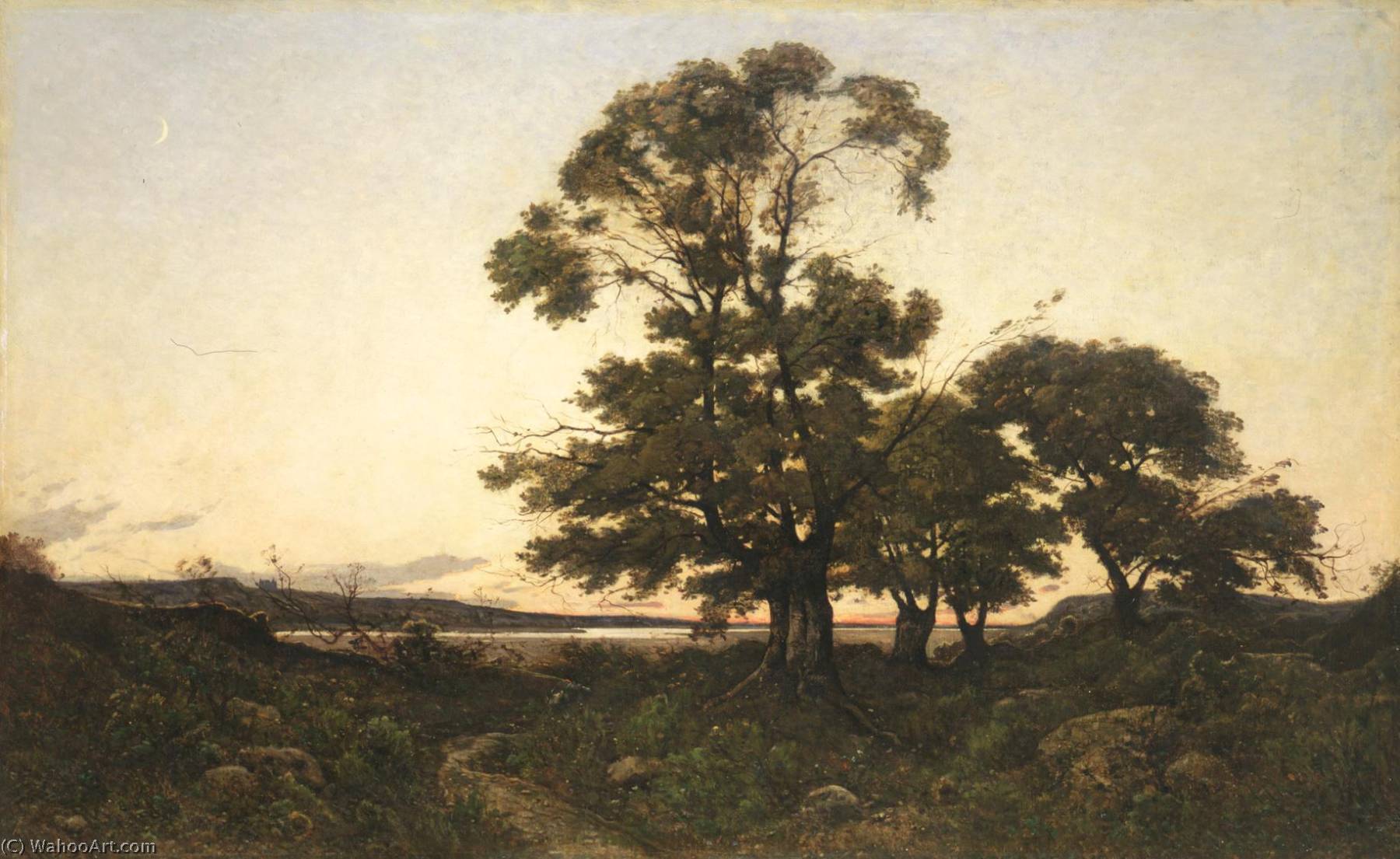 Wikioo.org - The Encyclopedia of Fine Arts - Painting, Artwork by Henri-Joseph Harpignies - Moonrise on the Loire at Briare