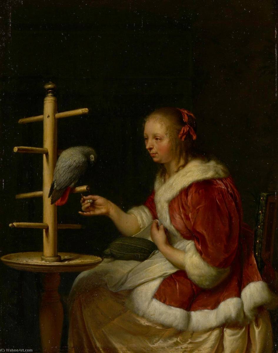 WikiOO.org - Encyclopedia of Fine Arts - Maalaus, taideteos Frans Van Mieris The Elder - A Lady with Her Parrot