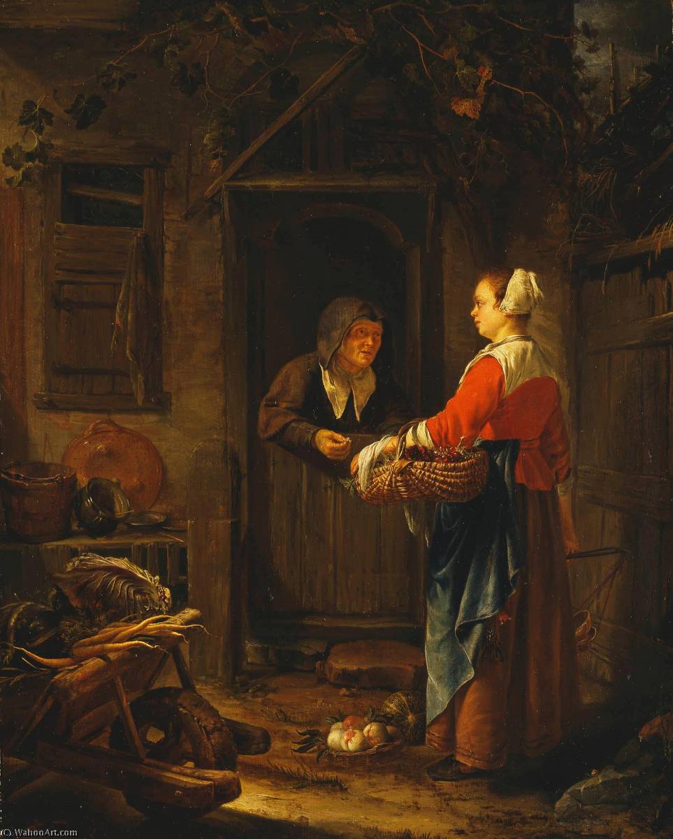 Wikioo.org – L'Encyclopédie des Beaux Arts - Peinture, Oeuvre de Frans Van Mieris The Elder - une file VENTE A  raisins  à  une  vieux  FEMME