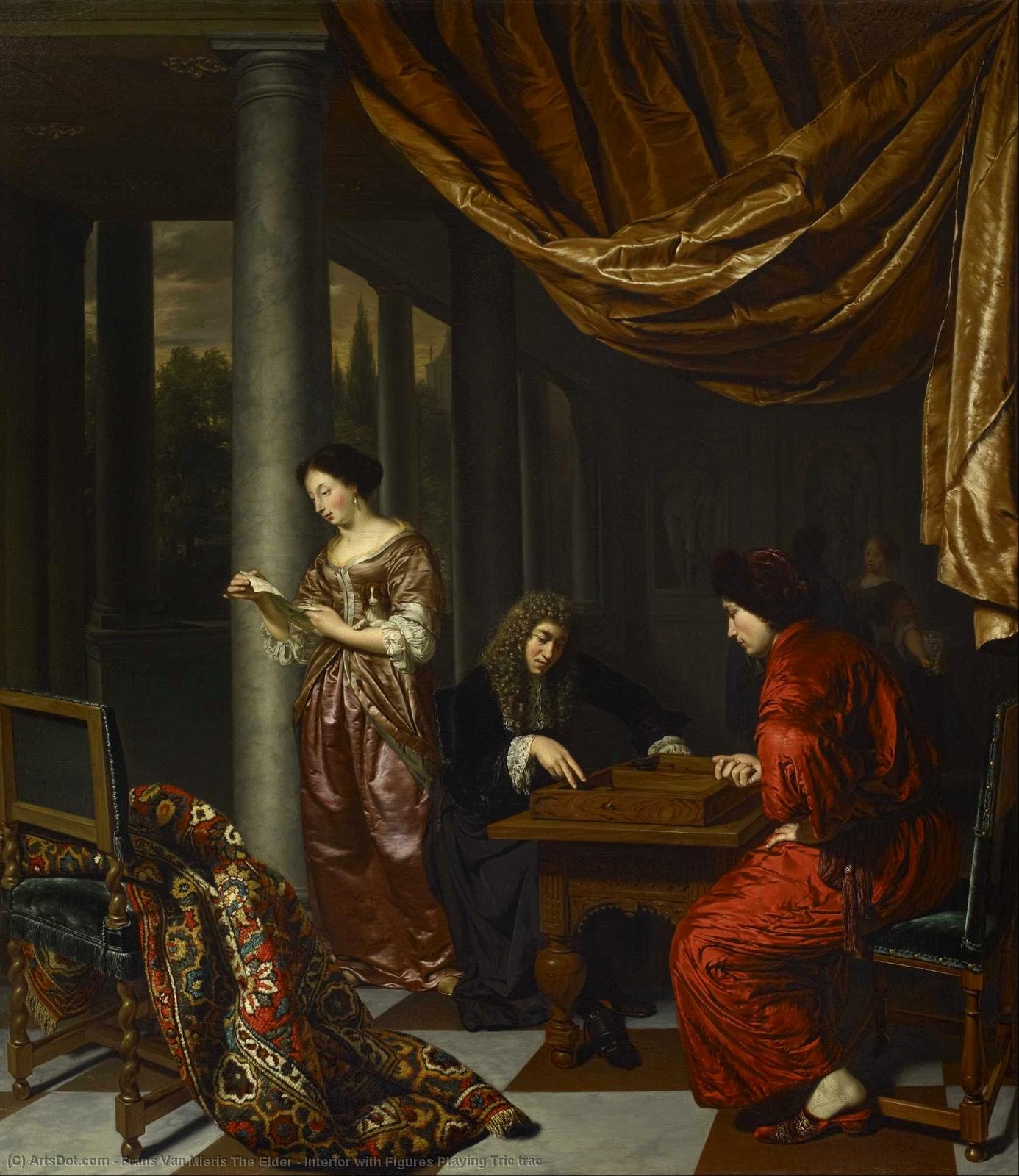 Wikioo.org - The Encyclopedia of Fine Arts - Painting, Artwork by Frans Van Mieris The Elder - Interior with Figures Playing Tric trac