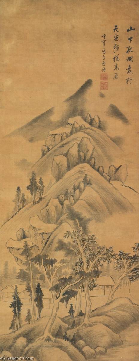 Wikioo.org - The Encyclopedia of Fine Arts - Painting, Artwork by Dong Qichang - LONELY TREES IN AN ISOLATED VILLAGE
