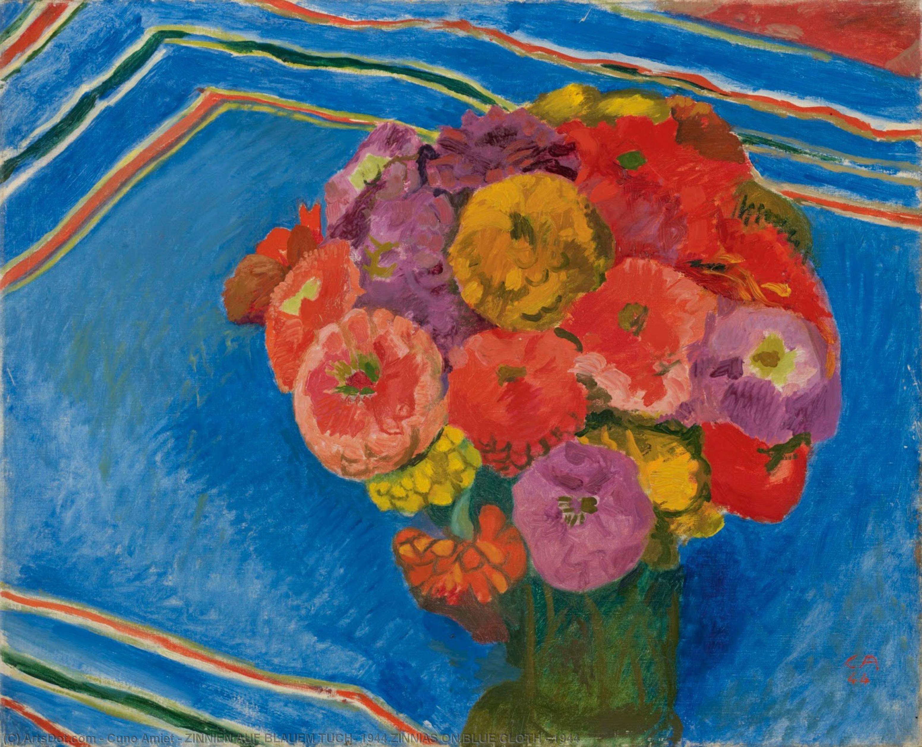 Wikioo.org - The Encyclopedia of Fine Arts - Painting, Artwork by Cuno Amiet - Zinnias on a Blue Cloth