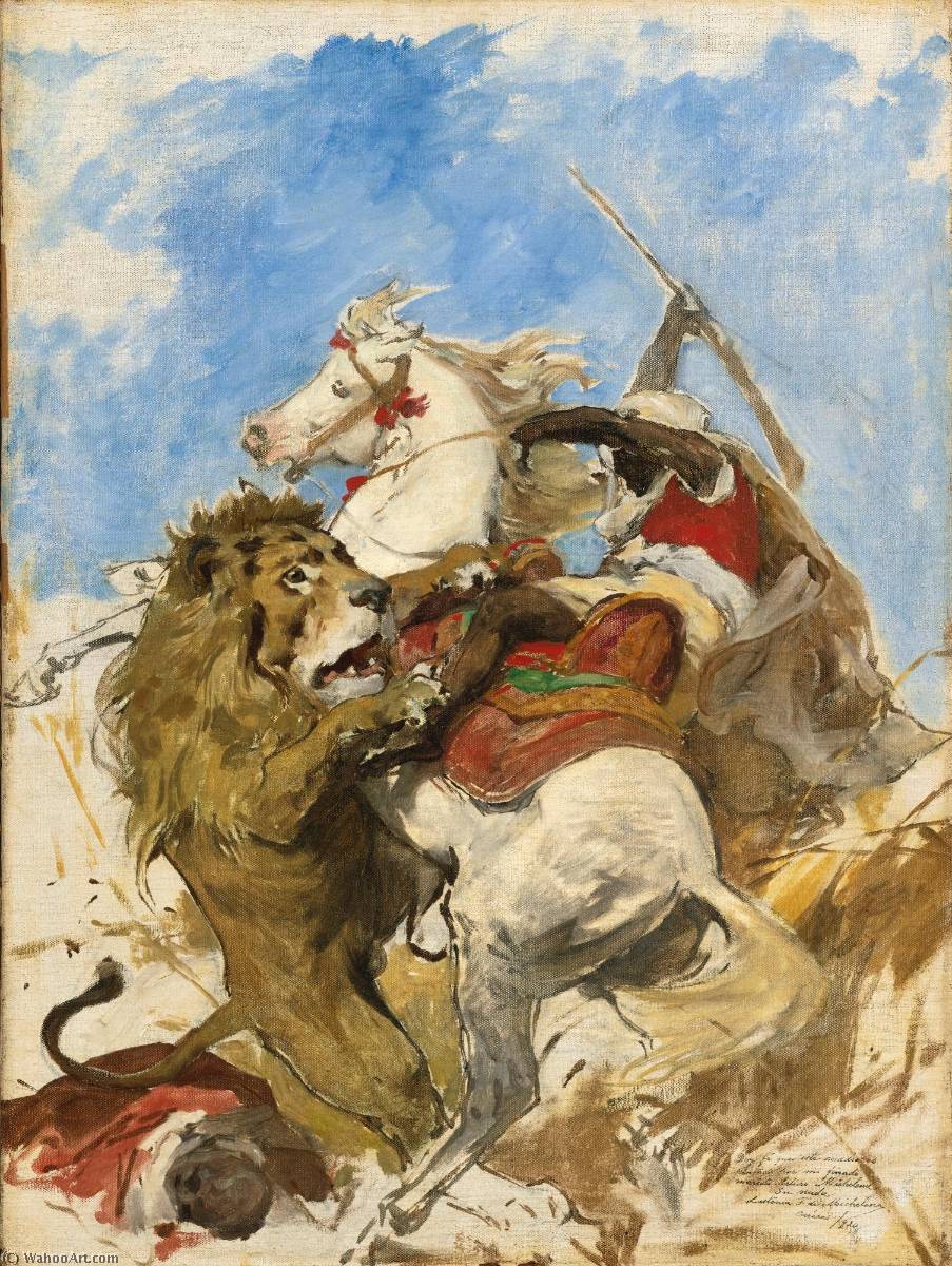 Wikoo.org - موسوعة الفنون الجميلة - اللوحة، العمل الفني Arturo Michelena - The Lion and the Moor