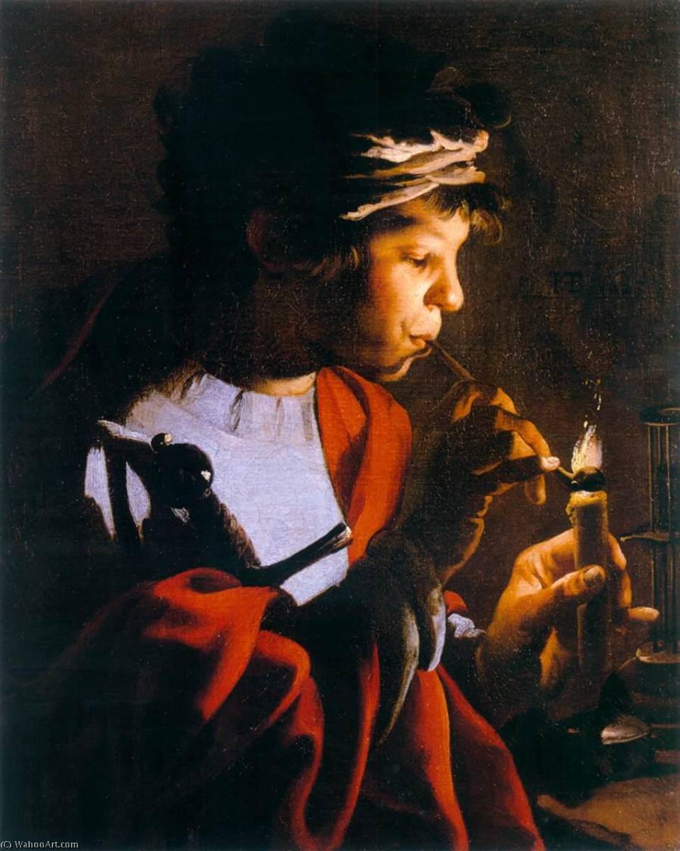 WikiOO.org - Encyclopedia of Fine Arts - Maľba, Artwork Hendrick Terbrugghen - Boy Lighting a Pipe from a Candle