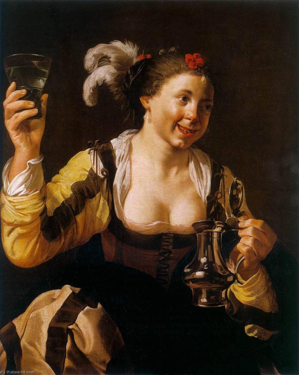 Wikioo.org – L'Encyclopédie des Beaux Arts - Peinture, Oeuvre de Hendrick Terbrugghen - fille tenant une  Chope  et  une  Verre
