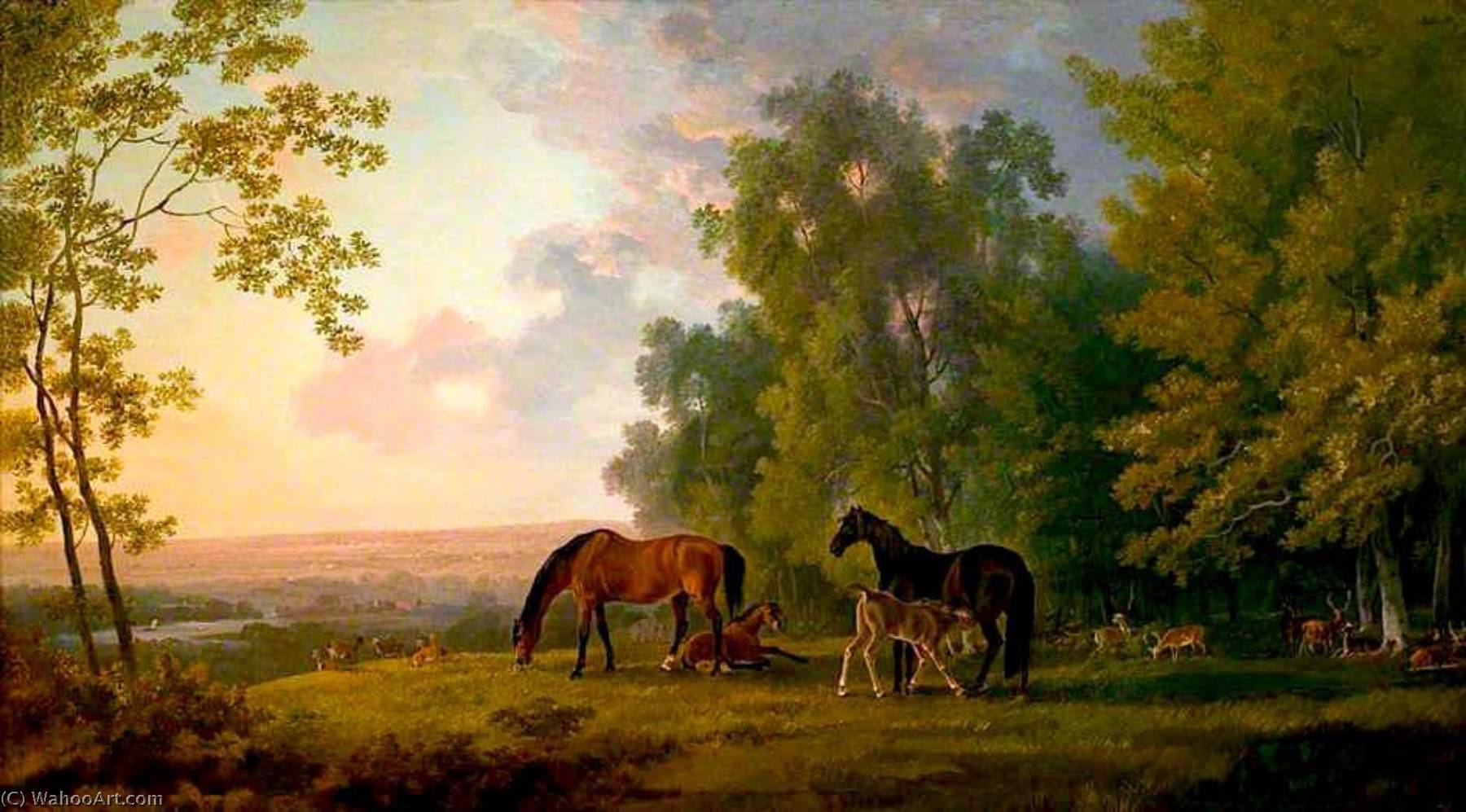 WikiOO.org - Encyclopedia of Fine Arts - Maalaus, taideteos George Barret The Elder - Landscape with Mares, Foals and Deer