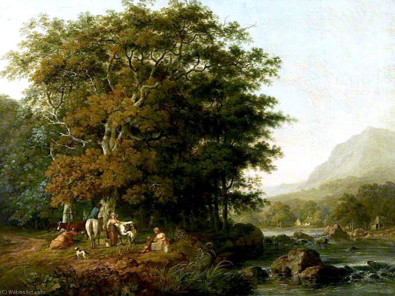 WikiOO.org - Güzel Sanatlar Ansiklopedisi - Resim, Resimler George Barret The Elder - Milkmaids in a Welsh Landscape
